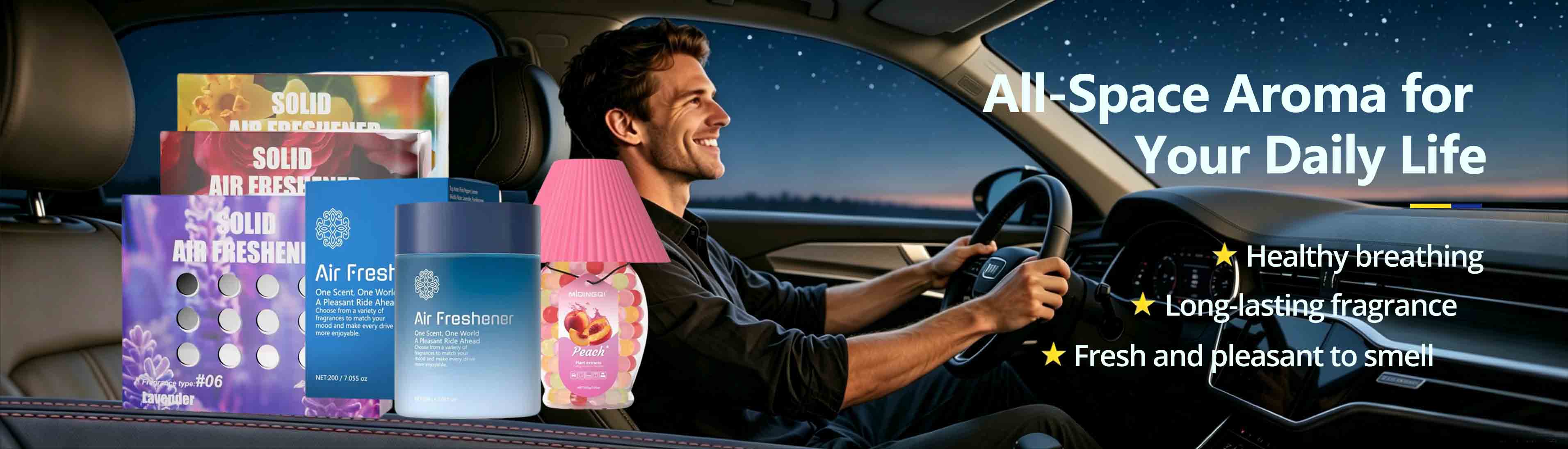 Smiling man driving a car at night with assorted solid car air fresheners displayed, long lasting fresh aroma for vehicle and daily indoor use.