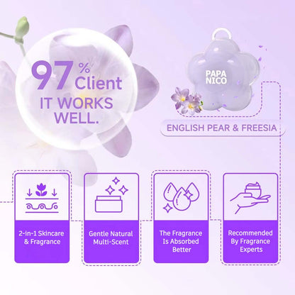 Pear freesia solid perfume balm four core benefits infographic, 2-in-1 moisturizing scented body balm feature chart