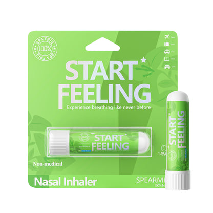 Single spearmint nasal inhaler blister pack displayed alongside one loose inhaler stick
