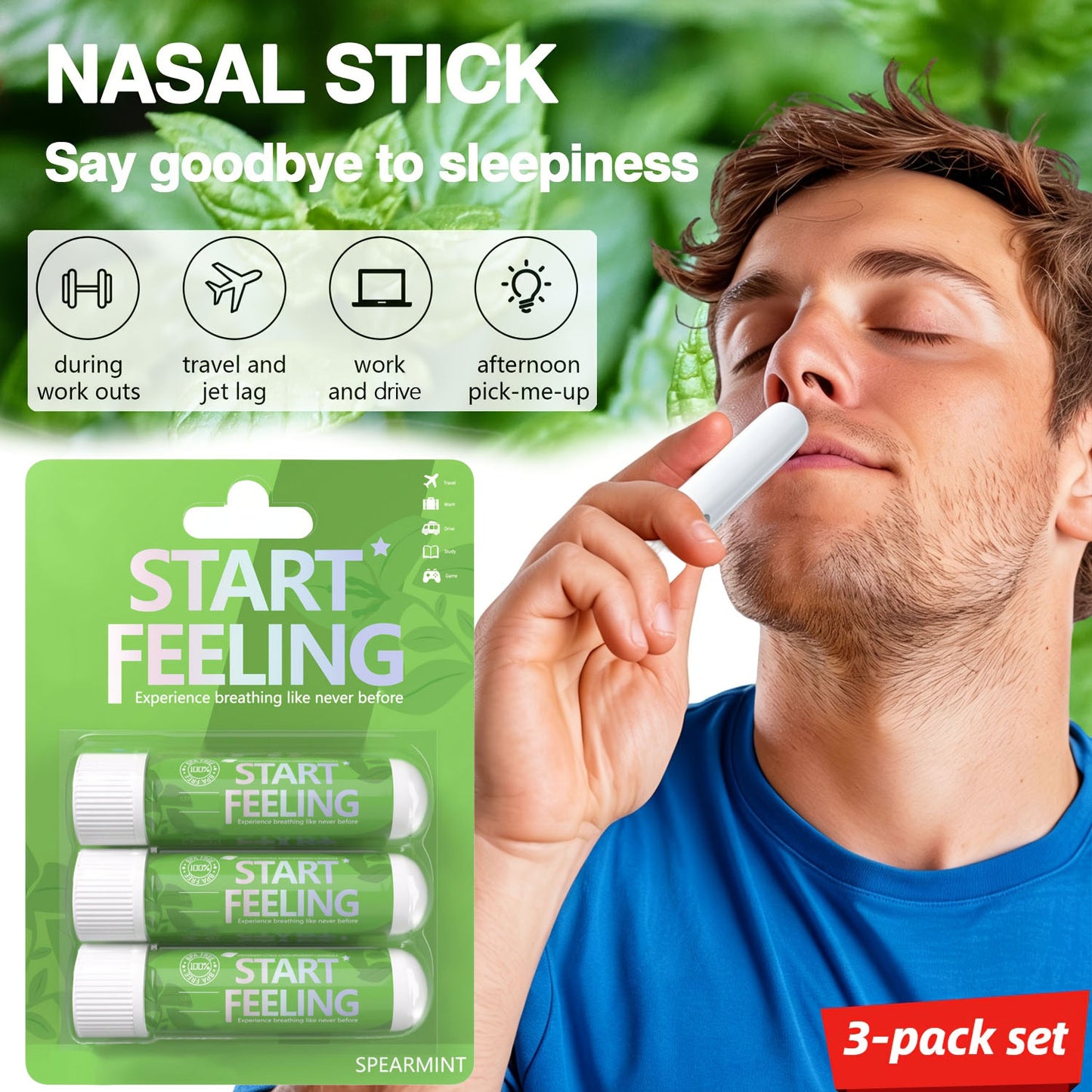 Three pack spearmint nasal stick set shown with real inhale usage demonstration