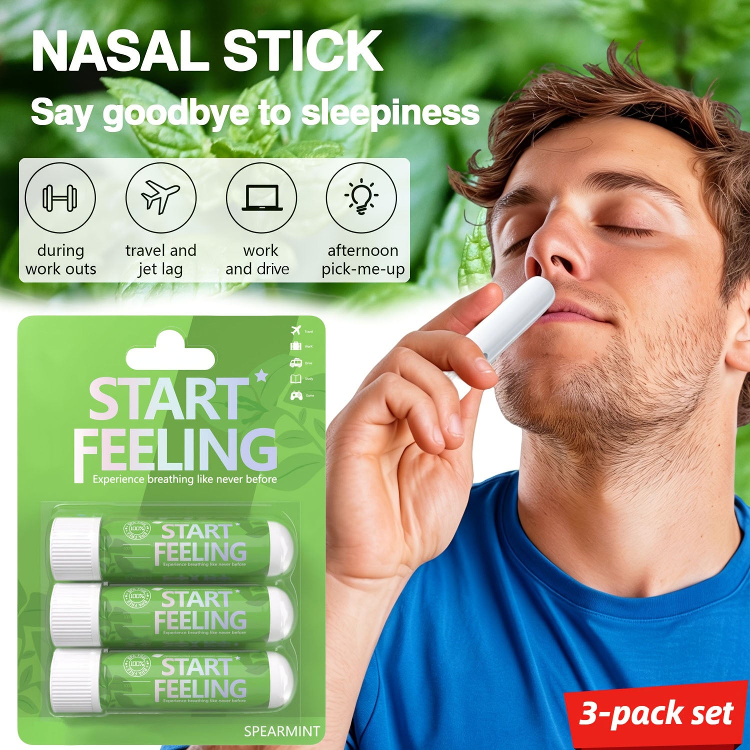 Three pack spearmint nasal stick set shown with real inhale usage demonstration
