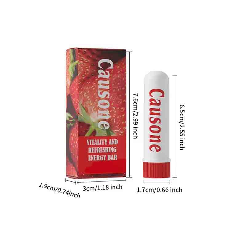 Strawberry scented inhaler tube and outer packaging box marked with full size dimension labels