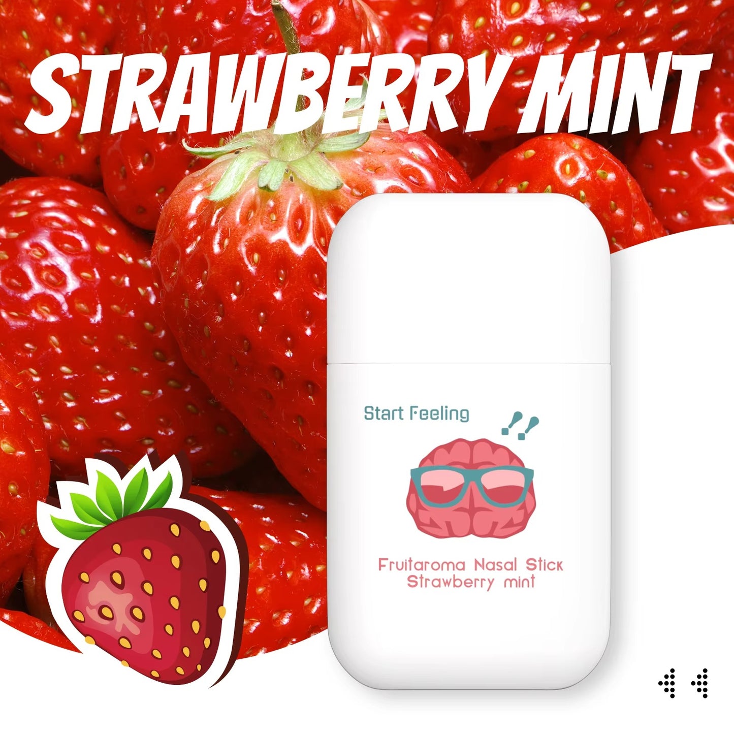 Fruit mint scented nasal inhaler placed against ripe juicy fresh strawberries