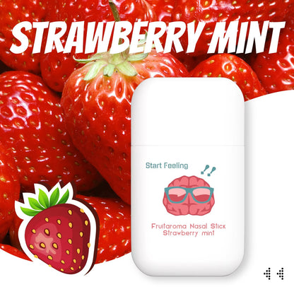 Fruit mint scented nasal inhaler placed against ripe juicy fresh strawberries
