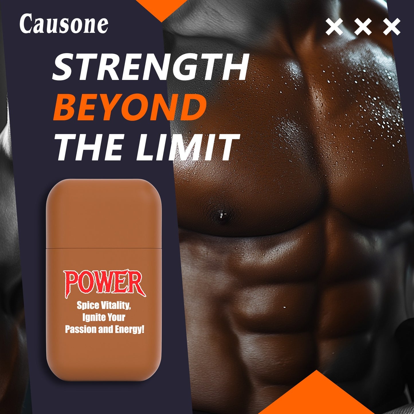 Compact dual tip nasal stick displayed with athletic male torso strength themed layout