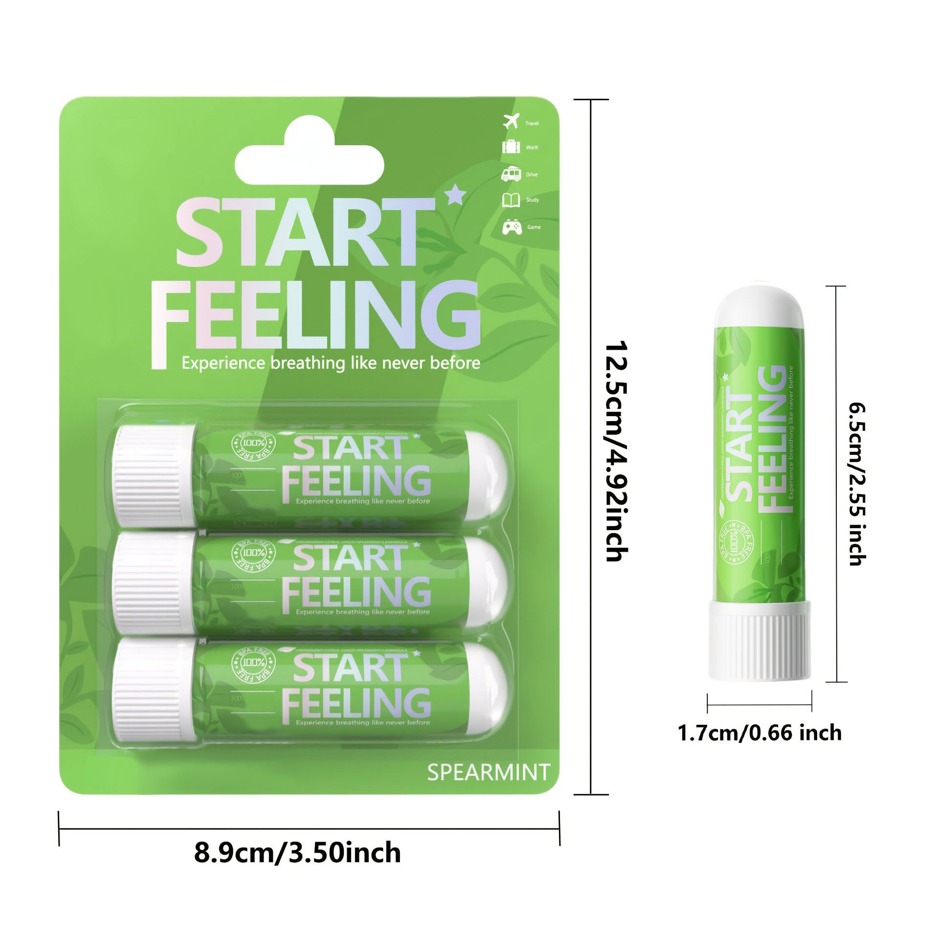 3 unit spearmint nasal stick blister pack and single stick with full size markings