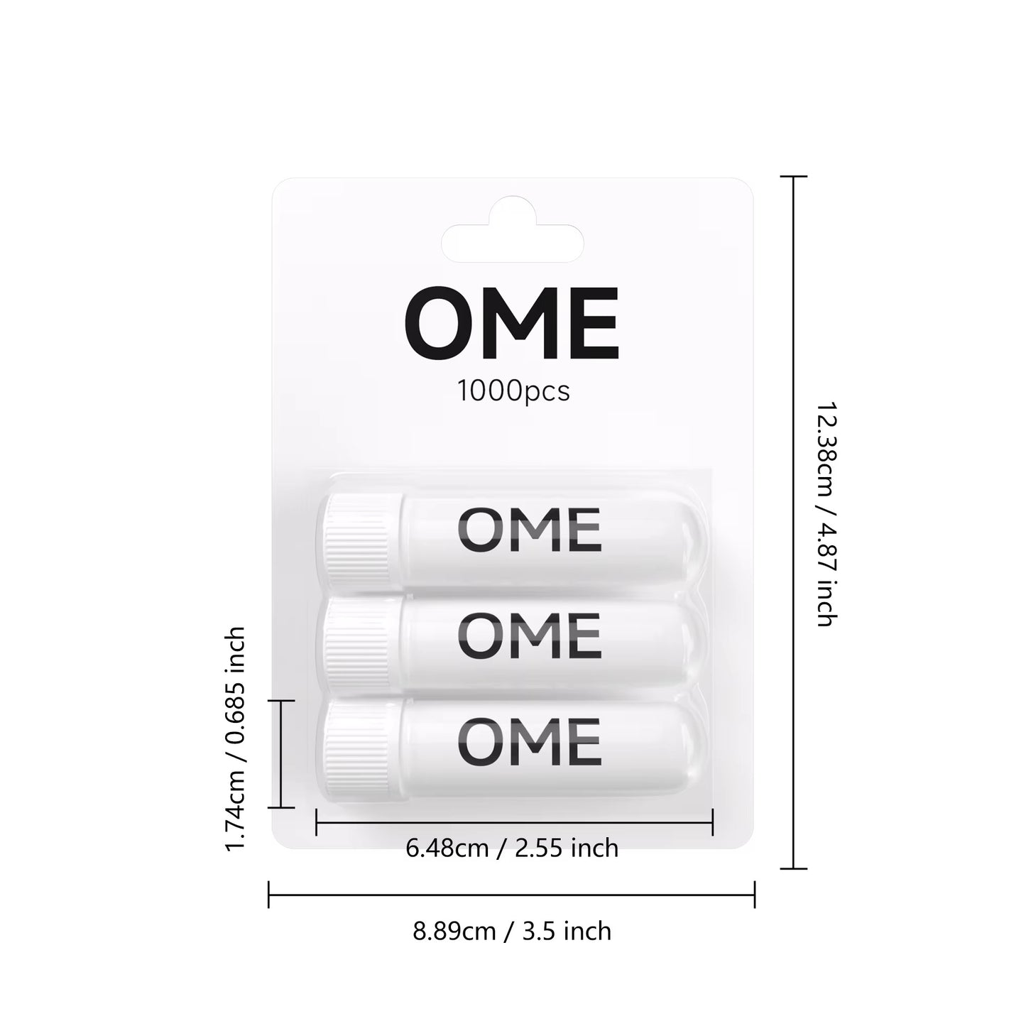 Hang packaged three nasal inhaler set marked with complete length and width dimension data