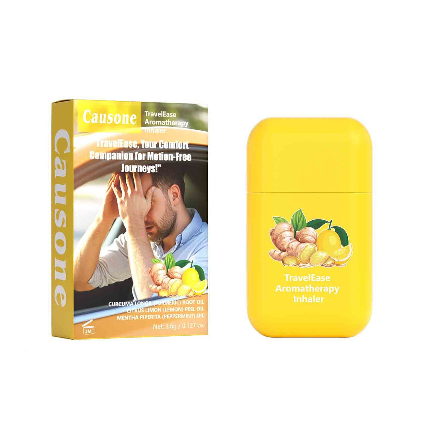 Motion relief aromatherapy nasal inhaler and matching outer retail packaging box