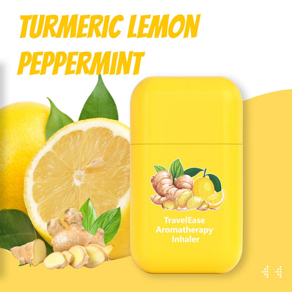 Travel aromatherapy inhaler displayed alongside fresh lemon, ginger and mint raw materials