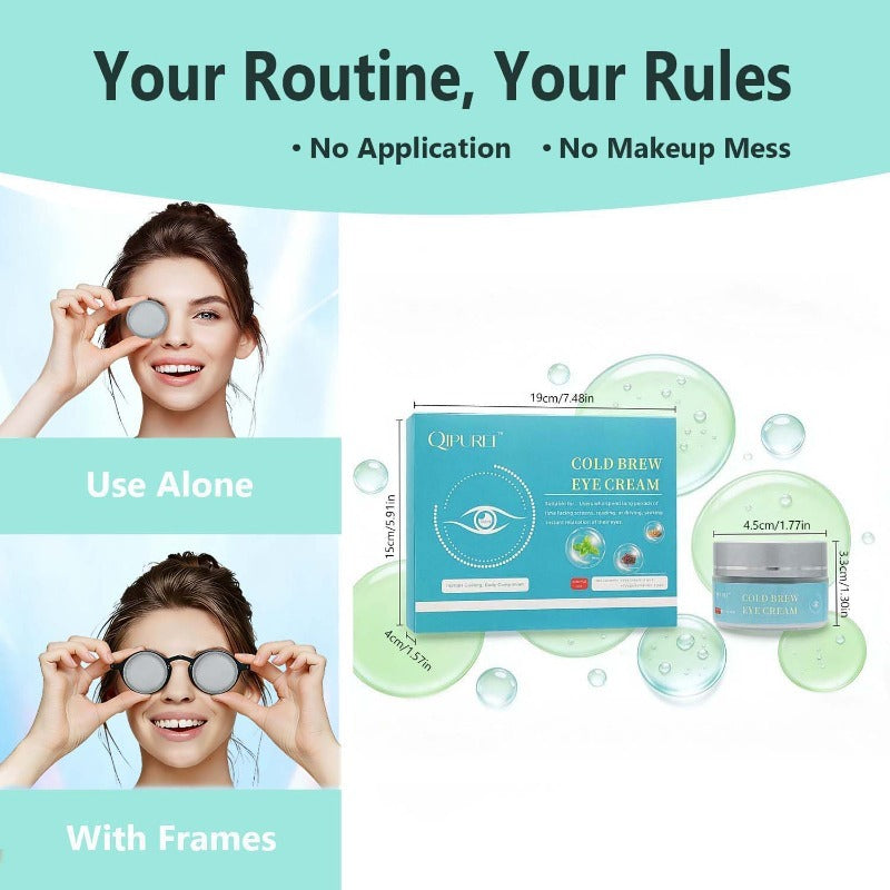Illustration displays two application ways for the eye care kit alongside full product dimension markings