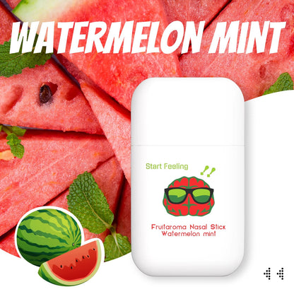 Refreshing watermelon mint nasal inhaler laid out with sliced watermelon and mint leaves