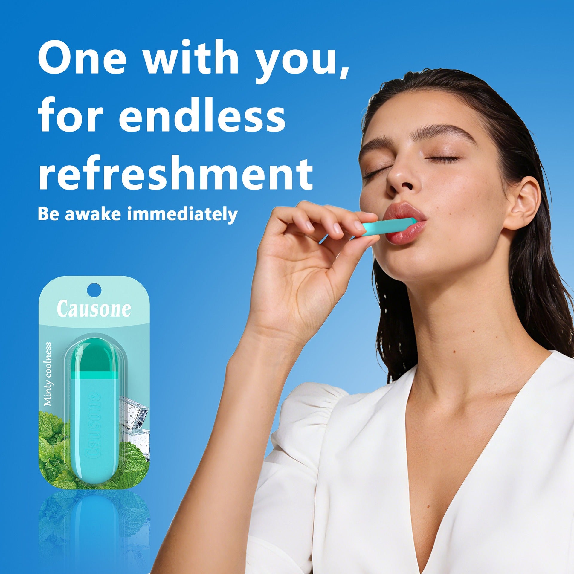 Lady inhales with compact breath freshening stick for quick refreshment