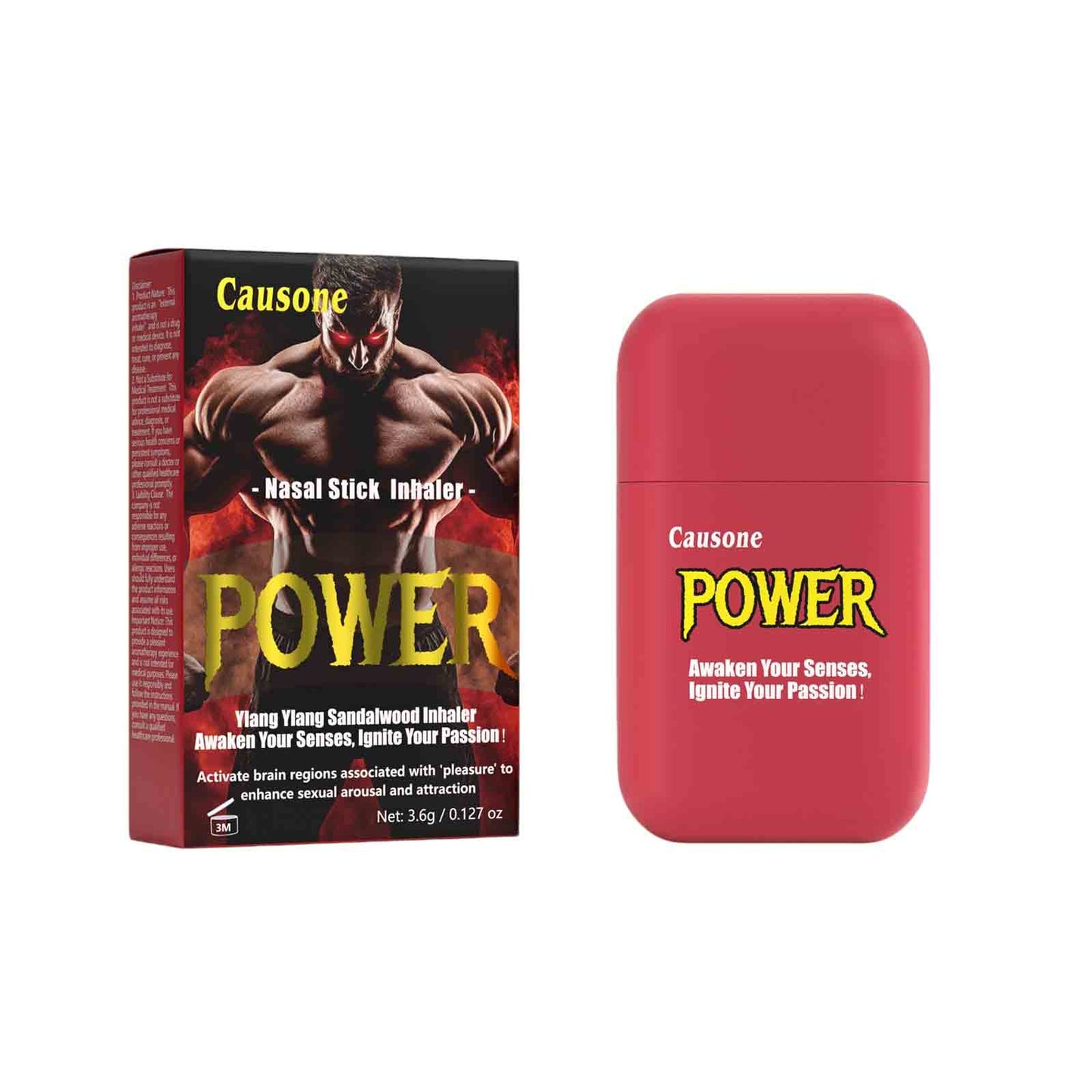 Red portable inhaler and matching outer product box displayed side by side