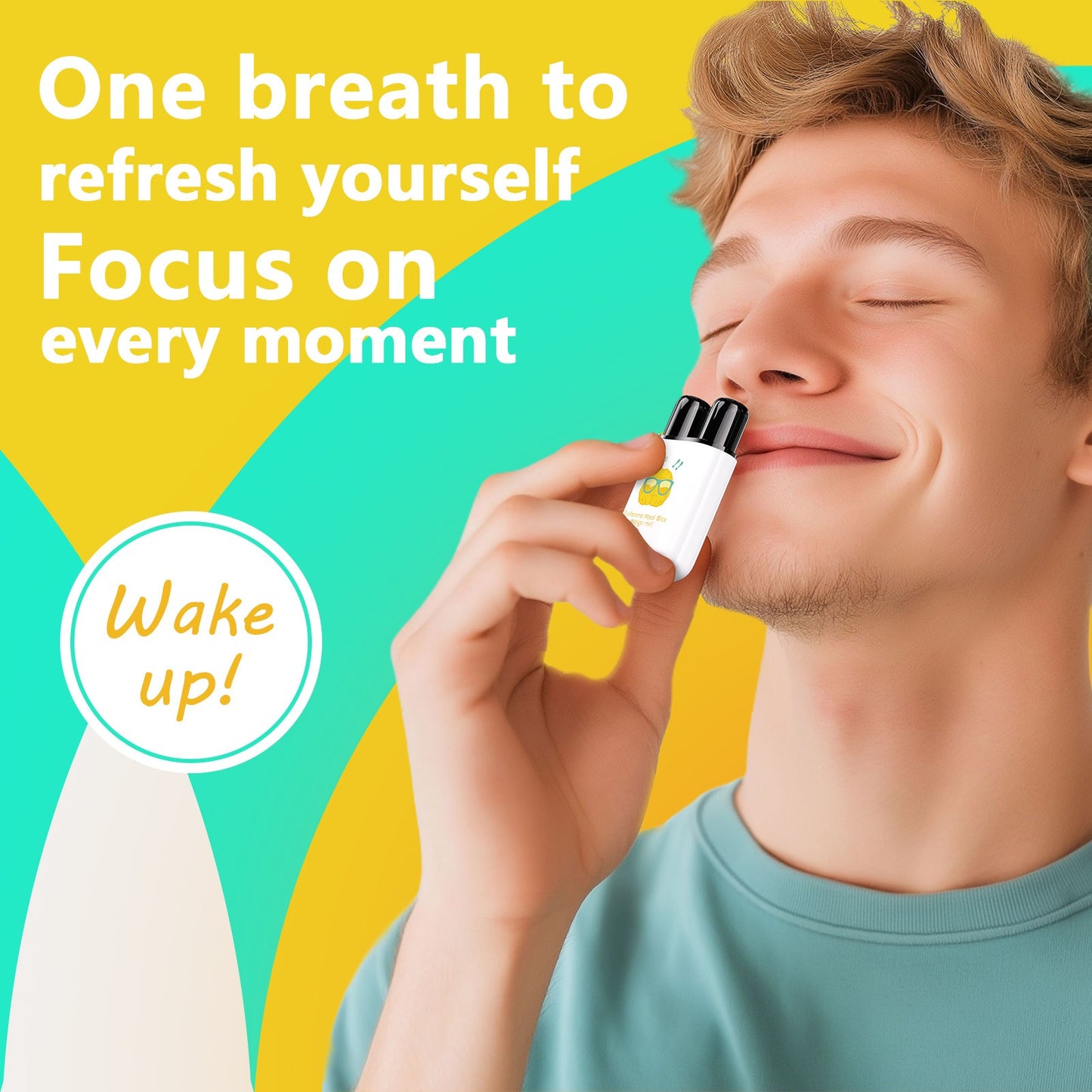 Young man inhales mini pocket nasal stick to get instant refreshment and focus
